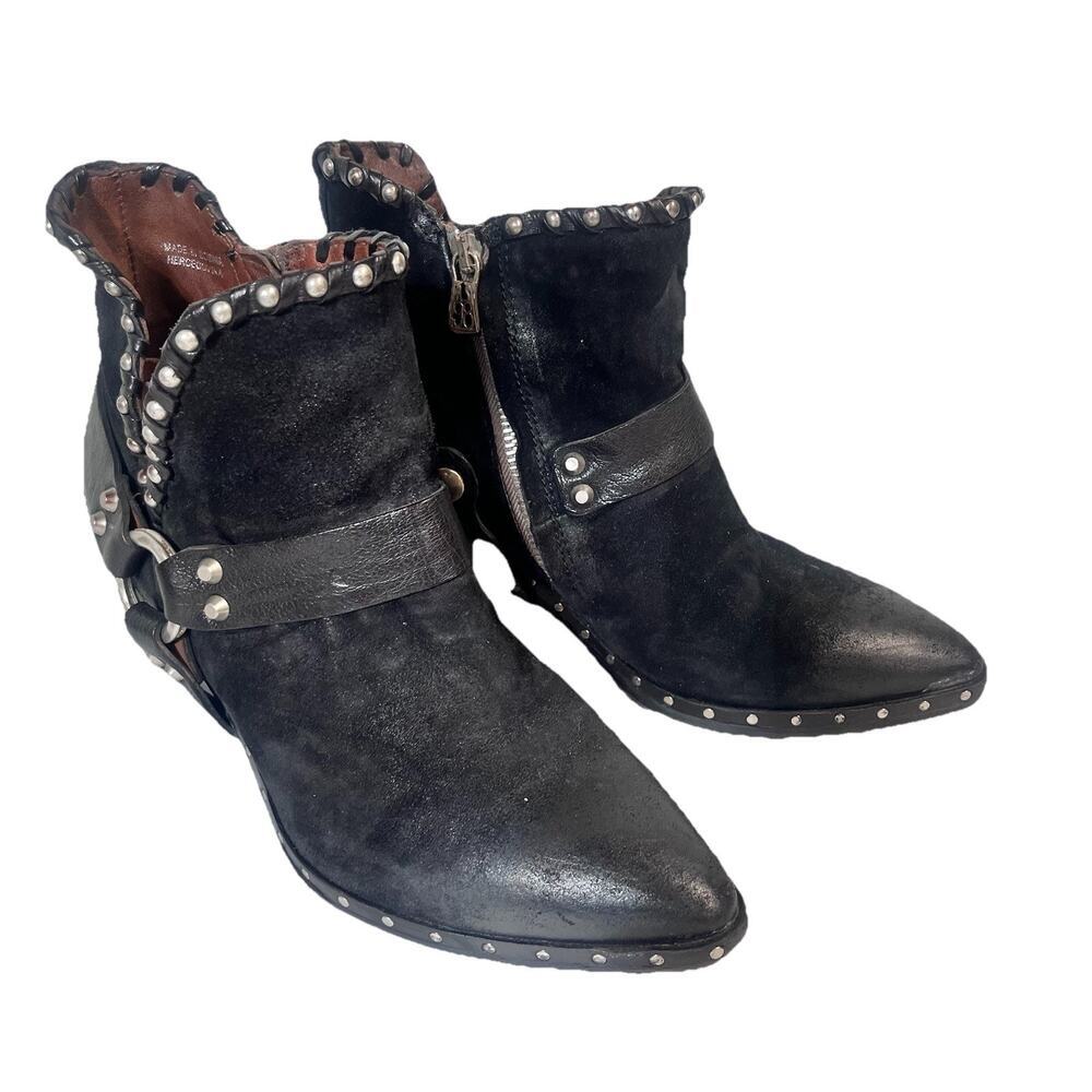 AS98 Western Booties Boots Biker sz 38 7.5/8 Black Suede Leather Silver Studs